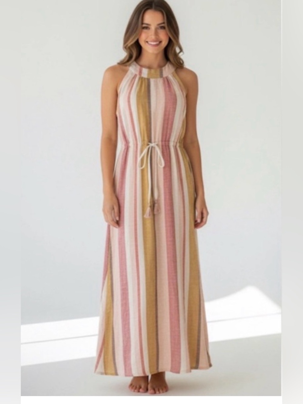Perfect Spartina 449 100% Linen Loretta Midi Cabana Striped Ribbon Tie Dress